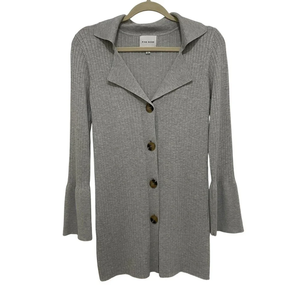 Cardigan Sweater Womens Small Gray Ribbed Bell Sleeve Button Up‎ Office Casual